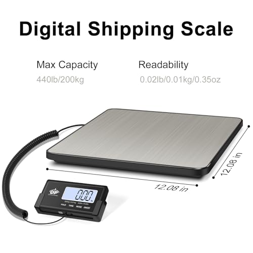 QP Shipping Scale, 440 lb/0.35 oz High Accuracy Digital Postal Scale, Postage Scale, Hold/Tare Function, Auto Off LCD Display, Lightweight Scale for Packages/Luggage/Pet, Battery & AC Adapter Included