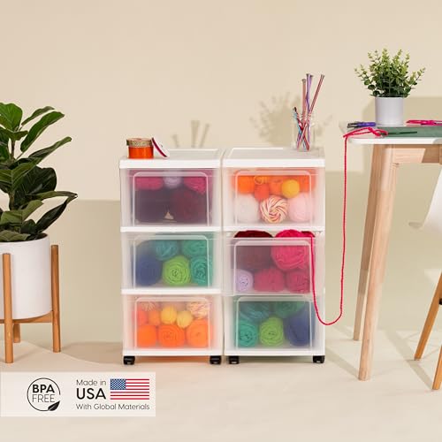 IRIS USA Plastic 3-Drawer Storage Organizer Rolling Cart, with Wheels Casters, 2-Pack, for Classroom Art Supplies Bathroom Dorm Bedroom Laundry Room, Slim Narrow, White/Clear