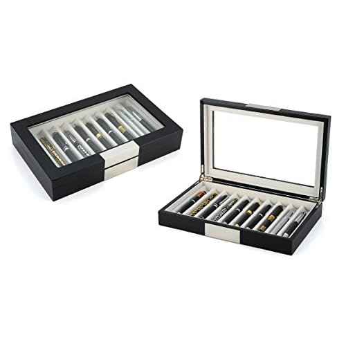 TIMELYBUYS 10 Piece Black Ebony Wood Pen Display Case Storage and Fountain Pen Collector Large Organizer Box with Glass Window Display Case