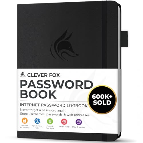Clever Fox Password Book with Alphabetical Tabs - Small 4x5.5 Inch Black