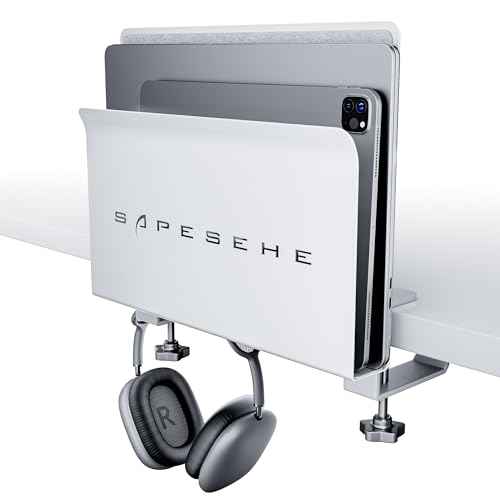 Under Desk Laptop Mount, Hanging Organizer with 2 Under Desk Hooks, Side Storage for Laptops, 22 lb Load Capacity [White]
