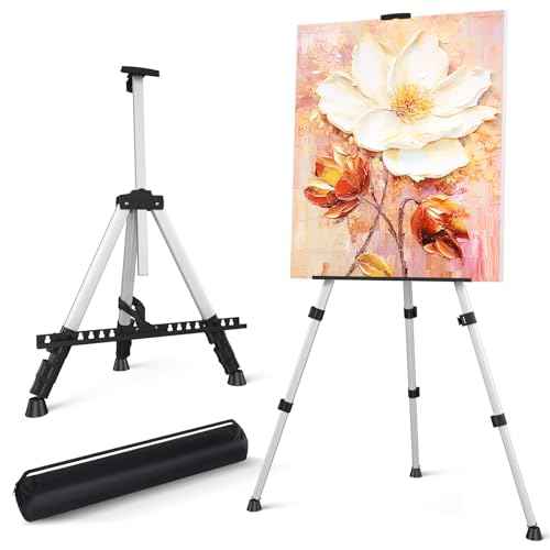 Art Easel Stand for Painting or Sign, Portable Adjustable 66 inches Display Tripod Artist Floor Aluminum Metal Easel with 1 Bag for Table-top/Floor Drawing, Sturdy for Canvases Displaying - Silver