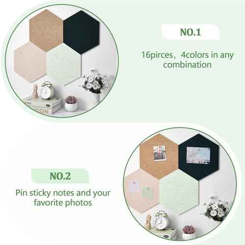 16 Pcs Hexagon Cork Board for Walls with 50 Wooden Push Pins 12x10 in Felt DIY Tiles Notice with Nano Tape Hanging Bulletin Board for Home Photo Office Memo Note (Green)