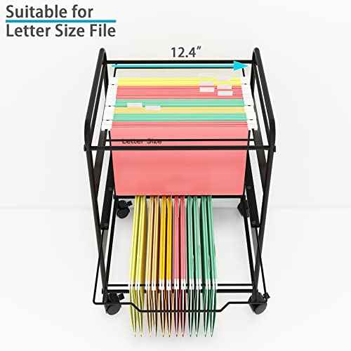 PUNCIA 2-Tier Metal Rolling File Cart with Wheels and Hanging Files for Letter Size - Movable Pull-Out Folder Rack Drawer Cabinet for Home Office