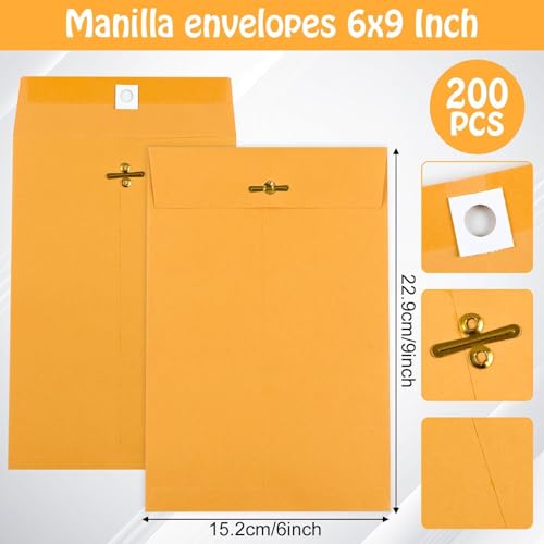 200 Pcs 6x9 Inch Manilla Envelopes with Gummed Seal & Clasp Closure Bulk
