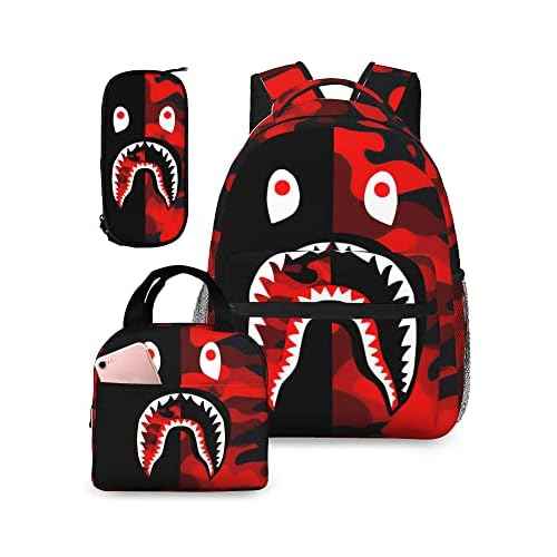 Backpack Shark Teeth Camo Backpacks Set with Lunch Box Pencil Case Travel Laptop Daypack Big Capacity Bookbag Fashion Durable Back Pack StyleSH