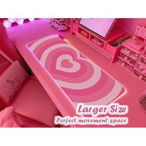 JMIYAV Pink Love Heart RGB Gaming Mouse Pad 31.5x12 Inch PC XL Large Extended Glowing Led Light Up Cool Mouse pad Desk Pad Non-Slip Rubber Computer Mouse Pad Cute Mousepad Mat 31.5x12 Inch