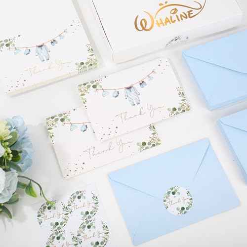 Whaline 50 Pack Baby Shower Thank You Cards Boxed Blue Cloth Note Card with Envelopes Stickers Greeting Blank Cards for Boy Birthday Baby Shower
