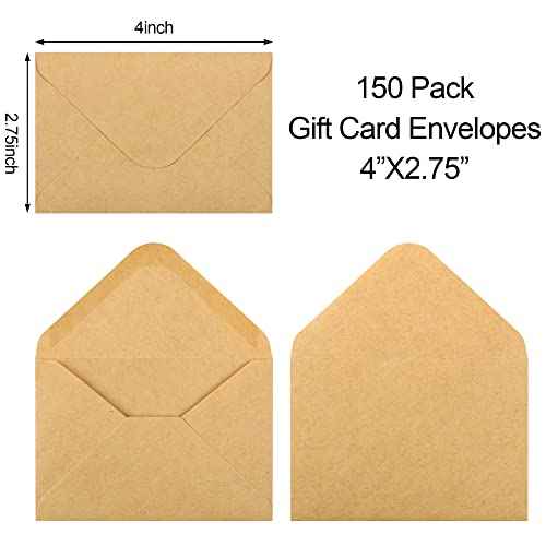 150 Pack Gift Card Envelopes, 4" x 2.75" Mini Envelopes, Brown Kraft Business Card Envelopes, Small Envelopes for Holidays, Weddings, Baby Showers, Birthdays Banquets