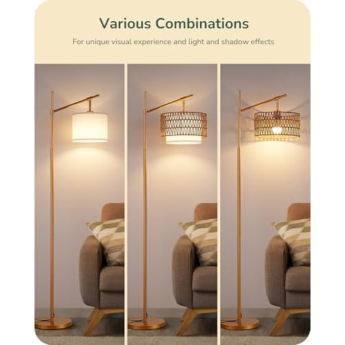 EDISHINE Rattan Arc Floor Lamp with Remote,Gold Farmhouse Standing Lamp with Dimmable LED Bulb,Rattan & Fabric Double Shades,Foot Switch,Adjustable Wicker Floor Lamps for Living Room, Bedroom, Nursery
