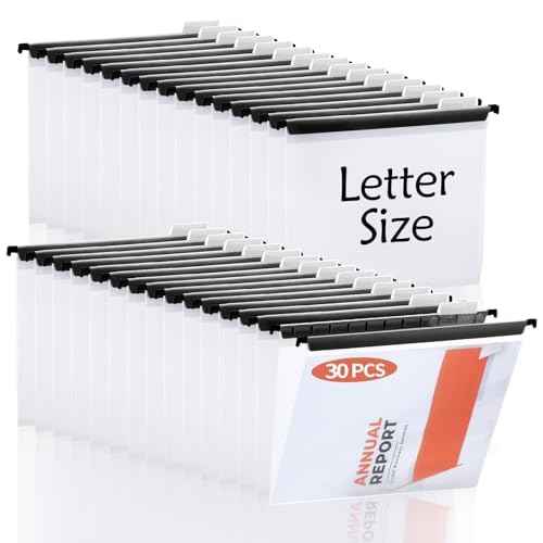 30 Pieces Clear Hanging File Folders Letter Size with Tabs and Inserts Poly Reinforced Filing Cabinet Folders Hanging 9.5x11inch Hanging Document Paper Folder for Medical Charts File Cabinet