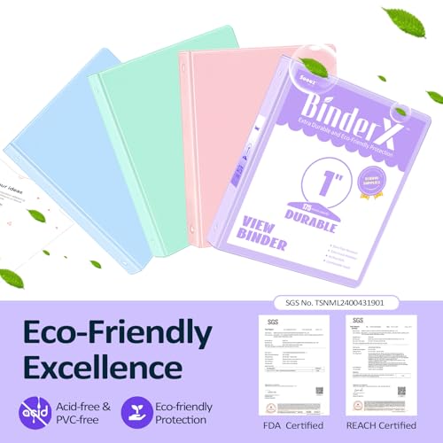 4 Pack Extra Durable 3 Ring Binders 1 Inch, Sooez 1¡± Three Ring Binder, Eco-Friendly & PVC Free, Customizable Clear View Cover for Letter Size 8.5 x 11'' Paper, Pastel School Office Supplies for Girl