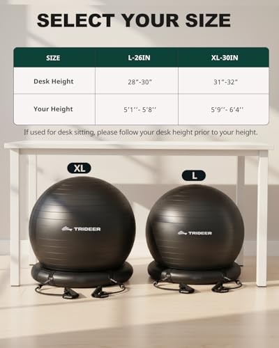 Trideer Exercise Ball Chair with Resistance Bands (Black, L 23-26 inch / 58-65 cm) for Office & Fitness