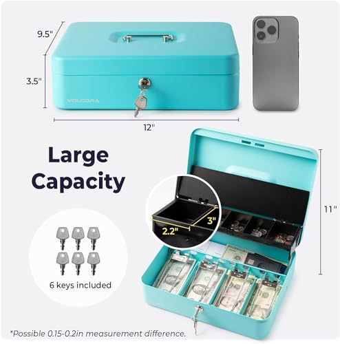 Volcora Cyan Large Cash Box with Key Lock, 12x9.5x3.5in, Money Tray, Heavy-Duty Portable Safe
