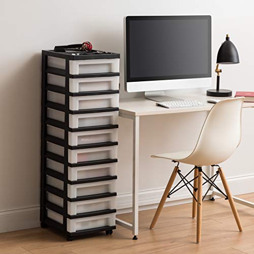 IRIS USA Plastic Drawer Storage Organizer Rolling Cart, with Wheels Casters, 10-Drawers, for Classroom Art Craft Supplies Dresser Closet Bathroom Laundry Room, Black/Pearl