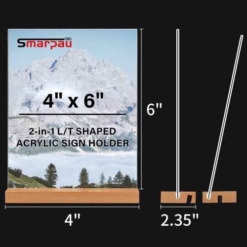 Smarpau 4x6 Acrylic Sign Holder with Wood Base, 8 Pack L/T Shape 2 in 1 Table Sign Stand Vertical or Slant Back Display, Photo Picture Frame, Menu Holder for Restaurant, Office, Store, Wedding