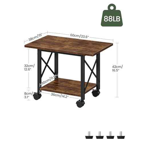 23.6" Under Desk Printer Stand, 2-Tier Printer Table with Wheels Adjustable Feet for Home Office, Study, Living Room, Rustic Brown and Black TPS01BF