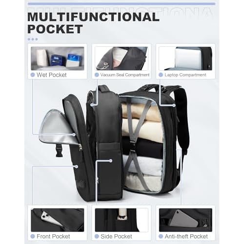 Black Vacuum Seal Travel Backpack Expandable Air Vacpack Backpacks with Air Pump Seal Air Packing Vacuum System Personal Item Carry On Travel Bag Seal Compression Bags Large Laptop Backpack