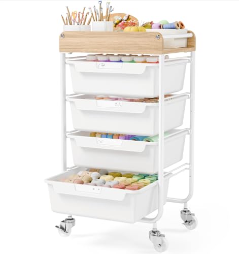 SYKIARIOL White 4-Drawer Rolling Craft Storage Cart with Lockable Wheels
