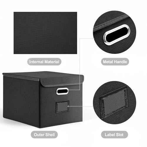 Collapsible File Box with Lid & Plastic Slide - Hanging Document Organizer for Office/Home, 14.96x12.6x10.83 Inch,Decorative Home File Bin,Black, 1 Pack (No Folders Included)