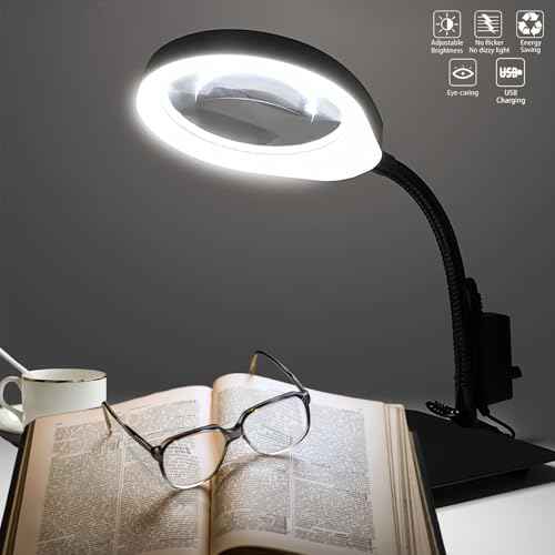 10X Magnifying Glass with Light and Stand,Dimmable Flexible Magnifying Craft Ligh, LED Lighted Magnifier Hands Free for Close Work Craft Reading Painting Hobby (Black-04)