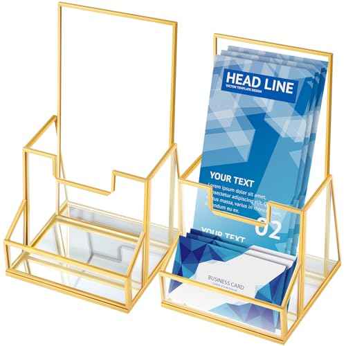 2 Pcs 4 Inches Gold Glass Brochure Holder Countertop Literature Trifold Pamphlet Stand with Business Name Card Holder Flyer Brochure Display for Magazine, Booklets, Menu, Journals Display