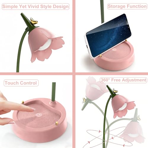 Pink Cordless LED Desk Lamp with Adjustable Gooseneck & Touch Dimming for Kids & Dorm
