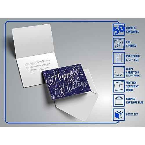 Better Office Products 50 Pack Happy Holidays Cards with Silver Foil Accents, 5" x 7", High Gloss, Interior Greeting, with 50 Envelopes, Christmas Cards, New Years Cards, 50 Count Boxed Set