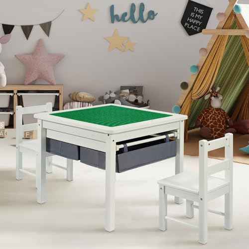 2-in-1 Wooden Table with Built-in Brick Baseplate & Storage | Designed for Building Blocks, Gaming, Drawing, Crafts