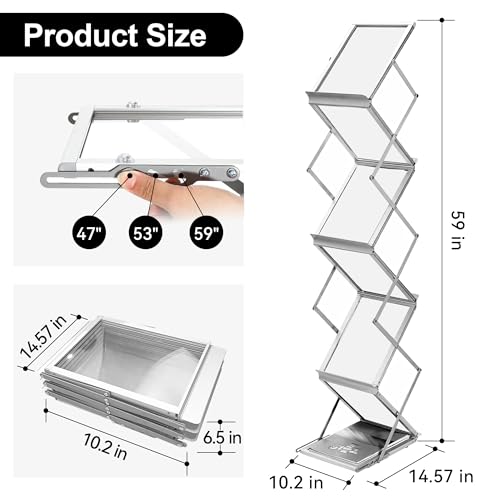 Magazine Rack Floor,Aluminum Magazine Display,Foldable Brochure Display Stand,Portable Magazines Stand Literature Rack with Carrying Bag for Exhibition,Trade Show,Office,Store,6 Pockets