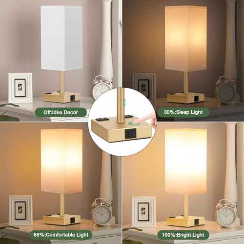 aooshine Gold Base Touch Lamps Set of 2 - Nightstand Lamp with USB-C + A Charge Ports & AC Outlets, 3-Way Dimmable Bedside Lamp, Small Table Lamp Light for Bedroom (Bulb Included)