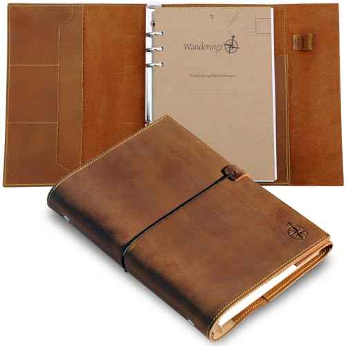 WANDERINGS A5 Leather Binder Journal ? Handcrafted 6 Ring Organizer with Pockets ? Leather Planner with Planner Inserts ? 52 Week Undated Calendar | A5 6 Ring Binder Filofax Compatible ? 6¡± x 8.5¡±