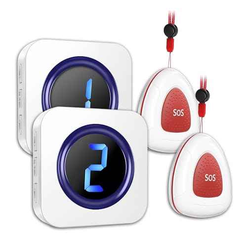 Wireless Caregiver Pager Call Button Nurse Call System 900Ft with LED Number Display for Elderly/Patient/Disabled at Home/Hospital/Clinic doorbell(2 SOS Waterproof Call Button & 2 Receiver)