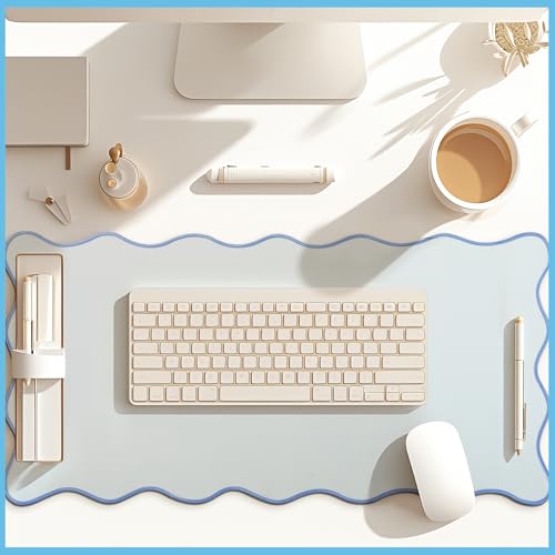 Hahafelt Blue Large Scalloped Desk Mat - 31.5 x 15.8 Inches Office Desk Pad