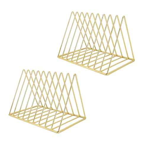 2 PCS Desktop Triangle Book Magazine Holder, Iron Metal Book Stand File Organizer Folder Holder for Office, 9 Slots Gold Classified Storage Rack, Record Display Rack for Home Decoration