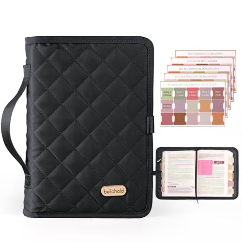 Adjustable Bible Cover with 75 Bible Tabs - Bible Cover Case for Women£¬Waterproof, Washable Quilted Bible Case£¬Reusable Christian Gifts for Women (Black, L)