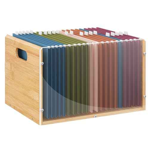 Letter/Legal Bamboo Acrylic File Box Organizer, Hanging File Folder Storage Boxes, Decorative Document Crate Transparent Filing Bin with Handle for Home Office Desk