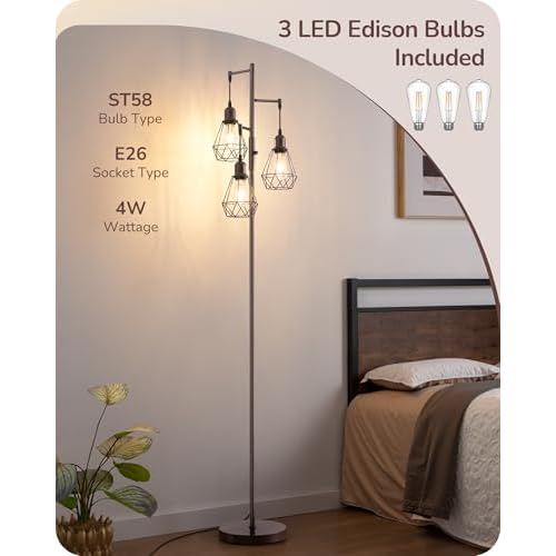 EDISHINE 70IN Industrial Floor Lamps for Living Room, Dimmable Farmhouse Corner Reading Lamp, Diamond-Shaped Lampshade, 3 LED Edison Bulbs Included, Rustic Tree Standing Lamp for Bedroom, Brown