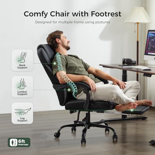 Amseatec Big & Tall Office Chair with Footrest, Lumbar Support, Black, 300Lbs Capacity