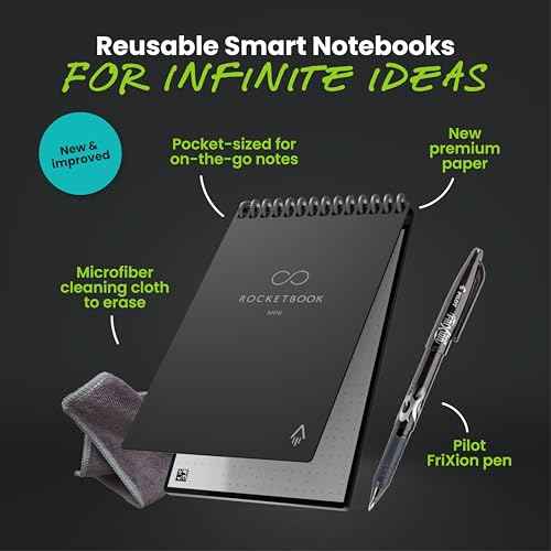 Rocketbook Mini Reusable Smart Notepad, Pocket Size On-The-Go Notebook, 3.5x5.5, Black (Pack of 1)