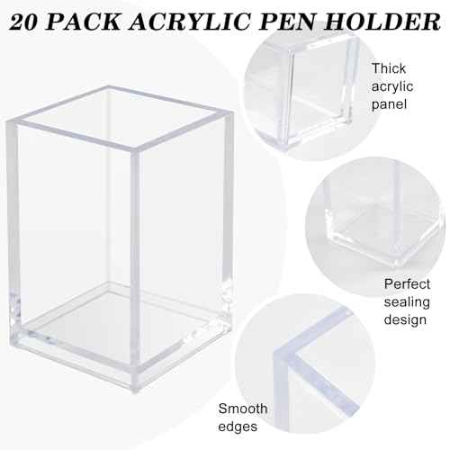 20 Pack Clear Acrylic Pen Holder for Desk, Pencil Cup Makeup Brush Organizer, Square Acrylic Pencil Holders for Office School Home Supplies, Desktop Stationery Organizer for Pens Markers Brushes