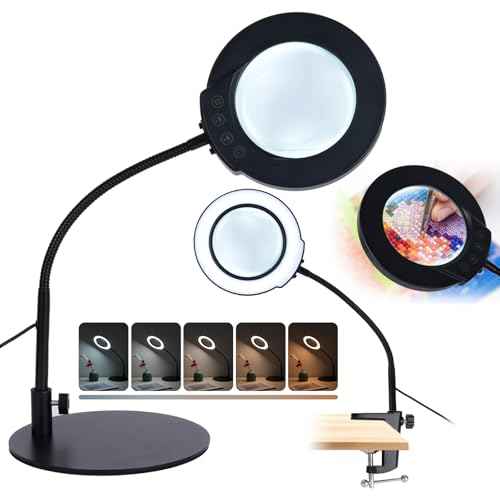 10X Magnifying Glass with Light and Stand, 4.3" Real Glass Lens, 5 Color Modes & Stepless Dimming LED Desk Lamp, Hands-Free Magnifier with Clamp & Flexible Gooseneck for Crafts, Hobby, Close Work
