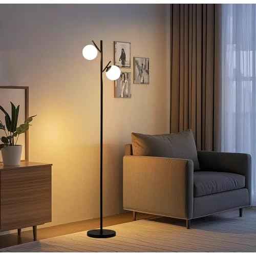 Fiqevs Globe Tree Floor Lamp, Mid Century Modern Standing Lamp with 2 LED Bulbs & Frosted Glass Shades, Retro Tall Pole Lamp for Living Room, Bedroom & Office