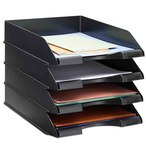 Stockroom Plus Letter Trays - 4-Pack, Black, 10 x 13.5 x 2.5 in - Stackable Paper Trays & Desktop File Organizer - Mail Organizer & Document Storage