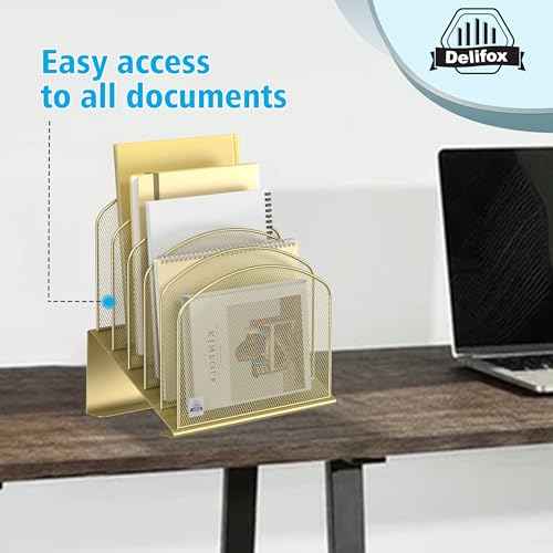 Inclined Desk File Organizer, 5-Section Vertical File Folder Holder Stand Metal Rack File Sorter for Office Classroom Desktop Organization (Gold, 1Pack)