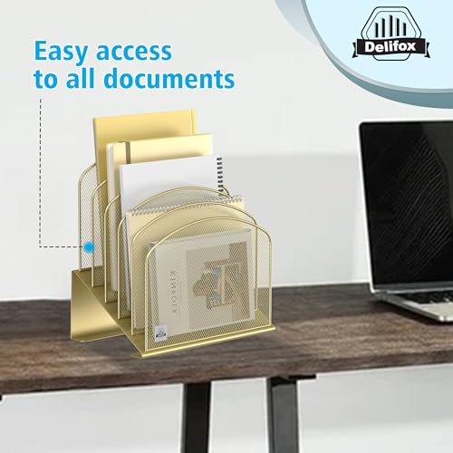 Delifox Gold Inclined Desk File Organizer, 5 Compartments, Office Desktop Storage