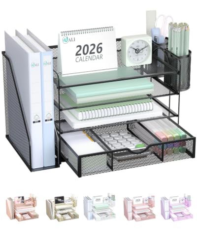 WALI 4-Tier Desk File Organizer with Drawer & Pen Holders - Black | Space-Saving Office Storage