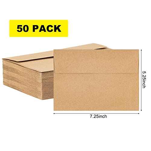 Hongyitime Kraft Paper Envelopes, 50 Pack, 5 x 7 Inch, Brown A7 Envelopes, Self-Seal Card Envelopes, Invitation/Postcard Envelopes