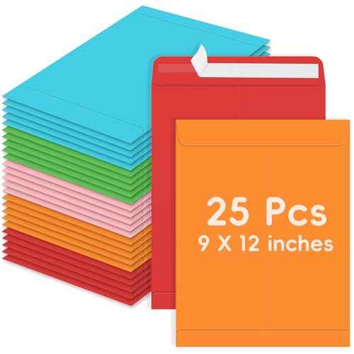 25 Pack Colored Mailing Envelopes, 9 x 12 Inches Self-Seal Colorful Manilla Envelopes for Mailing, Organize, storage, Home, Office Business