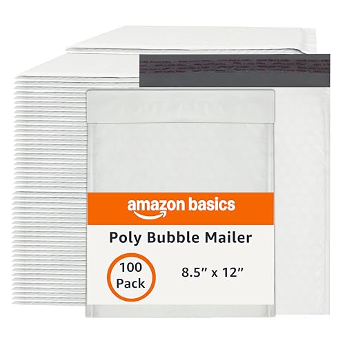 Amazon Basics 8.5 x 12-Inch Poly Bubble Mailers - 100 Pack, Self-Sealing, White/Grey